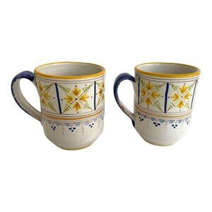 Set of 2 Vintage Talavera Mugs Yellow Floral Hand Painted Mexico Pottery Signed